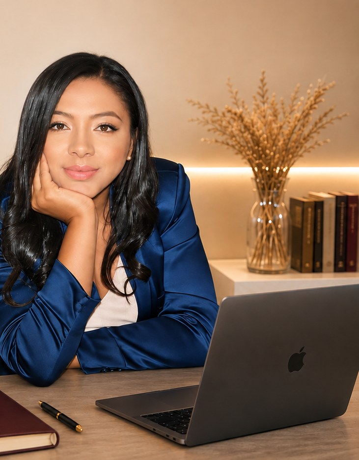 Francisca Morais em seu escritório, apoiada na mesa de trabalho